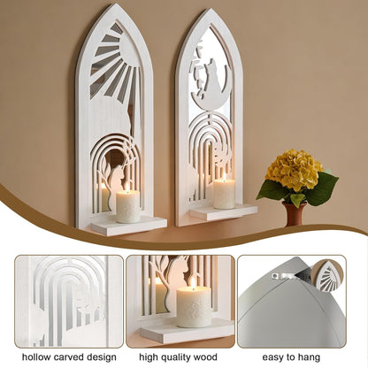 Wood Wall Sconce Candle Holder Set 2, Rustic Wall-Mount Candle Holders, Farmhouse Hanging Wall Décor, Carved Wood Frame, Mirrored Candle Holder (Distressed White)