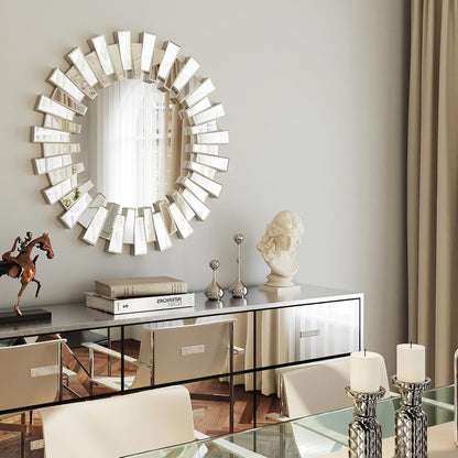 Gold Sunburst Mirror, 26" Sun Mirror Wall Decor with Beveled Glass Frame, Starburst Mirrors for Entryway, Dining Room, Living Room