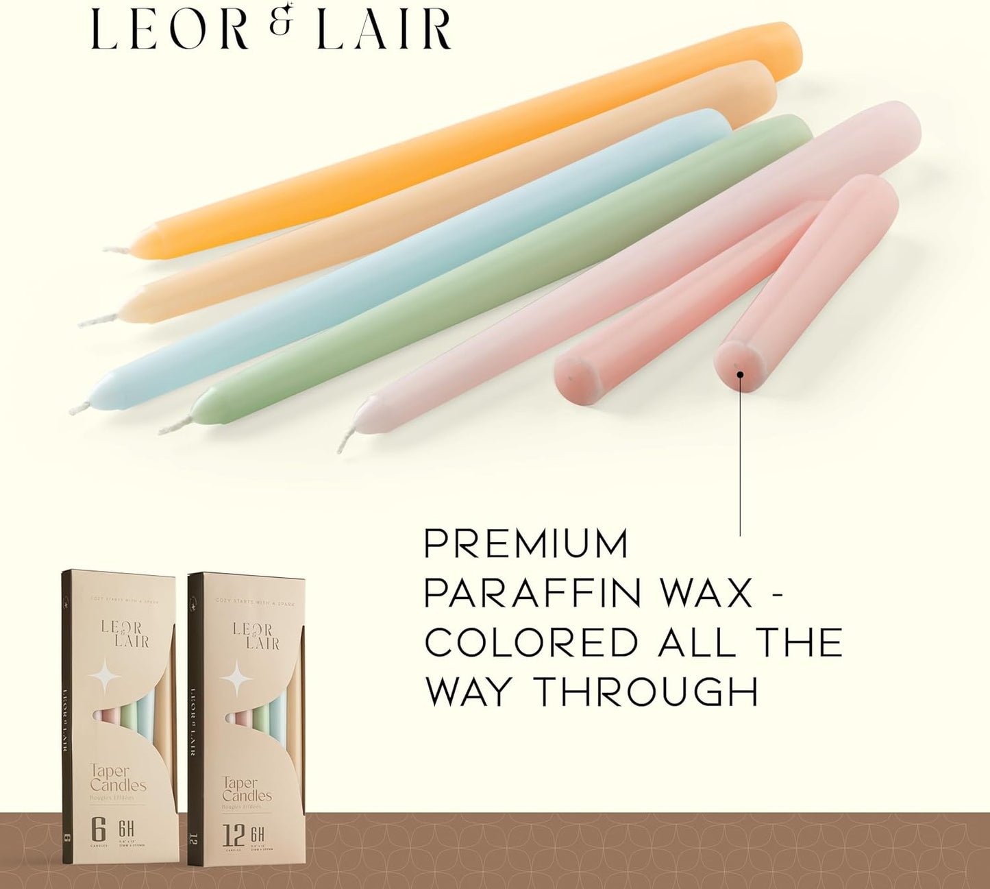 Leor & Lair Pastel Taper Candles 6 Pack - 10" Decorative Tall Candle Sticks with 6 Hour Burn Time - Pastel Candlesticks for Easter Decorations, Wedding & Party Table Decor