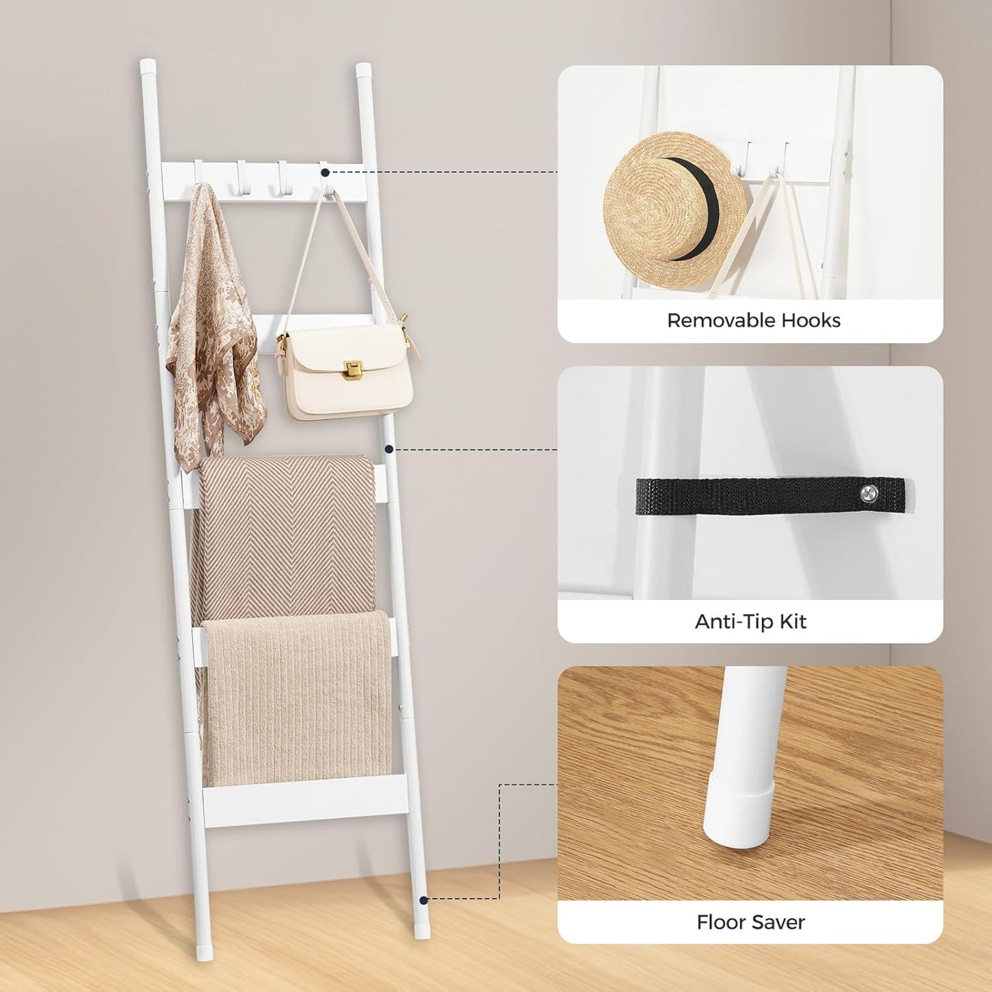 HOOBRO Blanket Ladder, 5-Tier Towel Rack with Hooks, Wall-Leaning Blanket Rack, Decorative Display Ladder Shelf, for Scarves, Industrial, Living Room, Bedroom, Rustic Brown and Black BF52CJ01