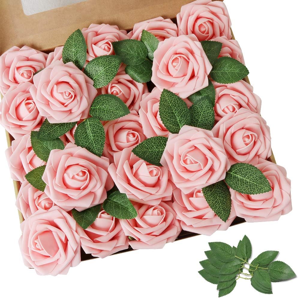 AmyHomie Artificial Flowers Dark Red Rose 25pcs Real Looking Fake Roses w/Stem for DIY Wedding Bouquets Centerpieces Arrangements Party Baby Shower Mothers Day Christmas Tree Decorations