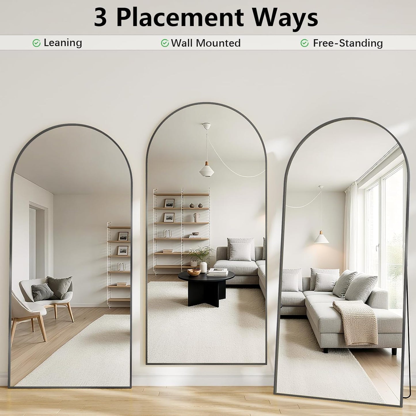 57" x 20" Arched Full Length Mirror - Wall Mounted/Floor Mirror Aluminum Alloy Frame Full Body Mirrors for Bathroom Living Room Bedroom and Entryway,Black