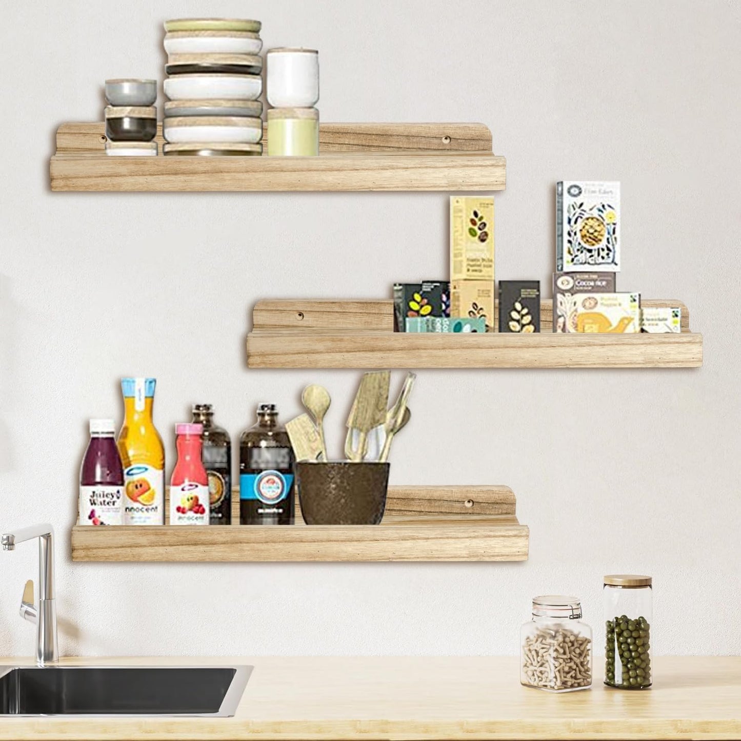 Floating Shelves Set of 3, 16.5 Inch Wood Picture Ledge Shelves for Wall Mounted Display in Bedroom, Living Room, Kitchen(Brown)