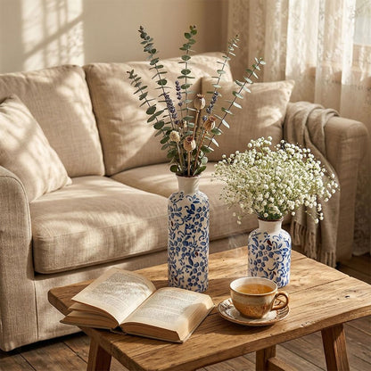 Blue Ceramic Vase Set - 3 Blue Small Vases, Farmhouse Country Flower Vase Home Decor, Living Room Decoration, Table Decoration, Fireplace Decor, and Entrance Decorations Centerpieces