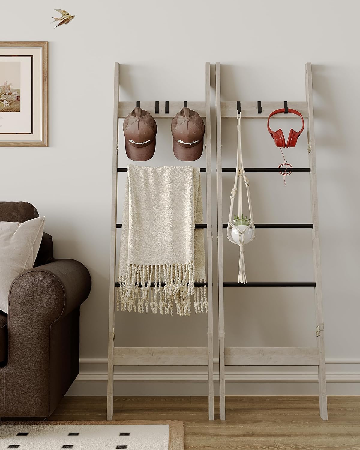Hzuaneri Blanket Ladder for Living Room, Decorative Quilt Rack with 4 Removable Hooks, 5-Tier Farmhouse Ladder Holder Shelf Organizer for Bedroom, Rustic Brown and Black 02101BBR