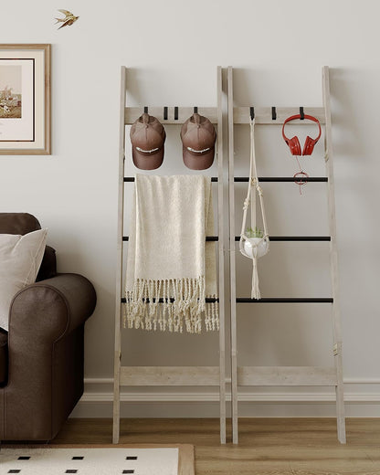 Hzuaneri Blanket Ladder for Living Room, Decorative Quilt Rack with 4 Removable Hooks, 5-Tier Farmhouse Ladder Holder Shelf Organizer for Bedroom, Rustic Brown and Black 02101BBR