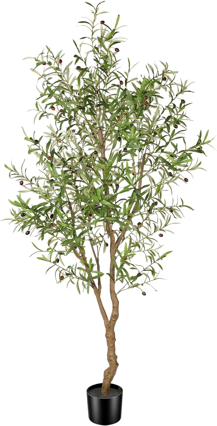 FEELEAD 7ft Faux Olive Tree - Fake Potted Olive Silk Tree with Planter Natural Olive Branches and Realistic Leaves Artificial Tree for Home House Office Decor Indoor