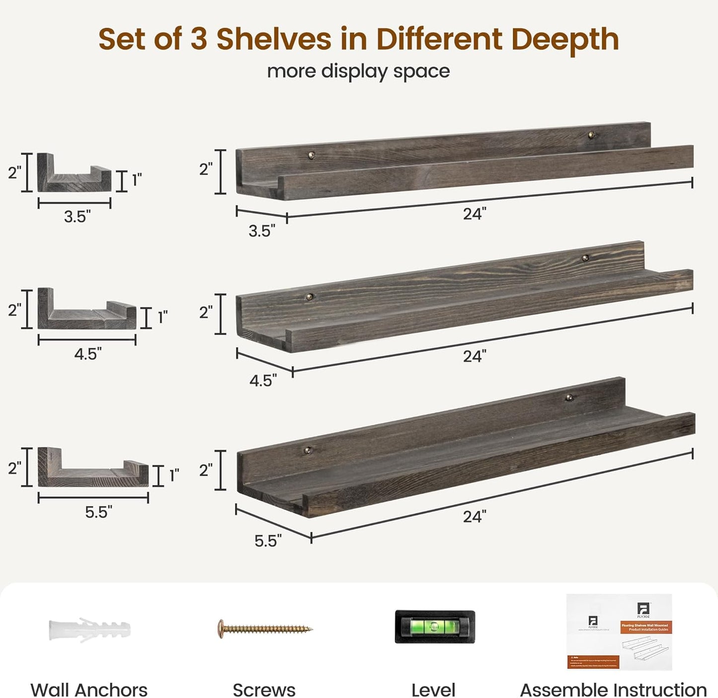 FLYJOE Picture Ledge Shelf, Floating Shelves Set of 2, Solid Pine Wood 55'' Long Large Nursery Book Shelves for Toys Storage, Kids Bookshelf for Living Room Bedroom Decor Books Photo Frames, Walnut