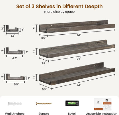 FLYJOE Picture Ledge Shelf, Floating Shelves Set of 2, Solid Pine Wood 55'' Long Large Nursery Book Shelves for Toys Storage, Kids Bookshelf for Living Room Bedroom Decor Books Photo Frames, Walnut