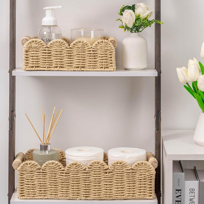 CubesLand Paper Rope Scalloped Edge Toilet Paper Storage Basket, Small Living Room, Bedroom Decor Baskets for Over Toilet Storage Shelf, End Table, Shelves and More, with 2 Wooden Handle, Neutral