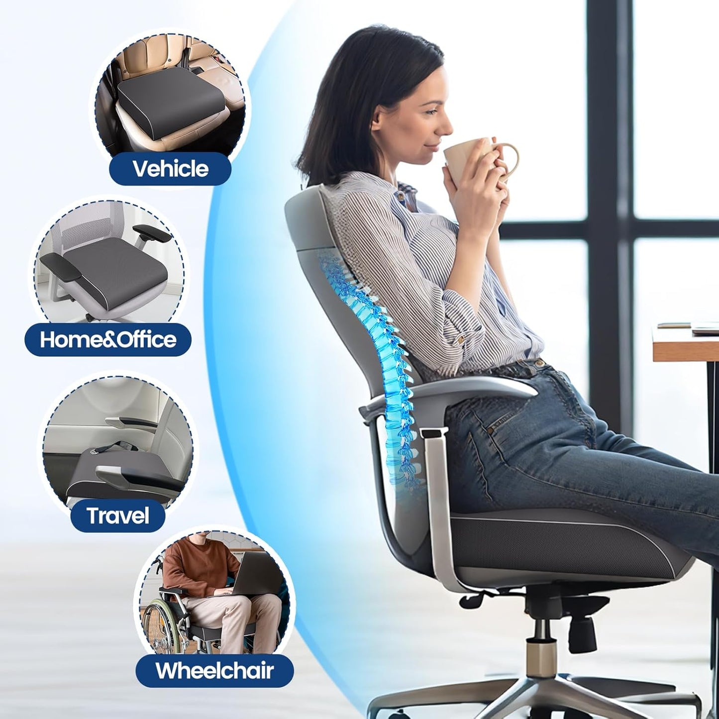 SweetSlubr Seat Cushion for Tailbone Pain Relief, Office Chair Cushion, Memory Foam Large Cushion with Non-Slip Cover for Soft Support at Office Chair, Car Seat, Airplane, Floor Pillow, Black/Large