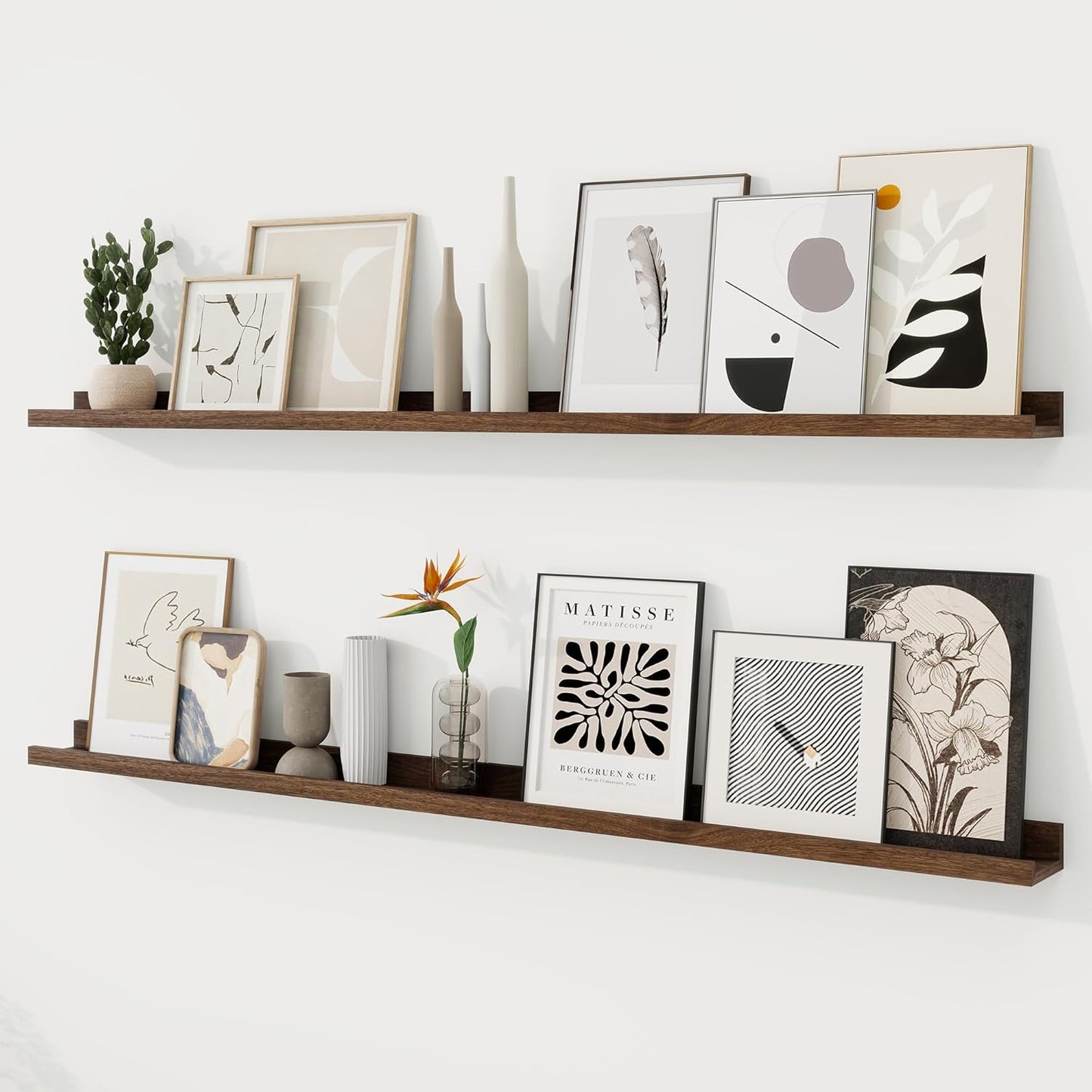 RICHFOCUS Picture Ledge Shelf, 24 inch Floating Shelves Set of 2, Wood Wall Shelves with Lip, Wall Decor Storage for Bedroom Living Room Bathroom Kitchen Nursery Photo Picture, Walnut
