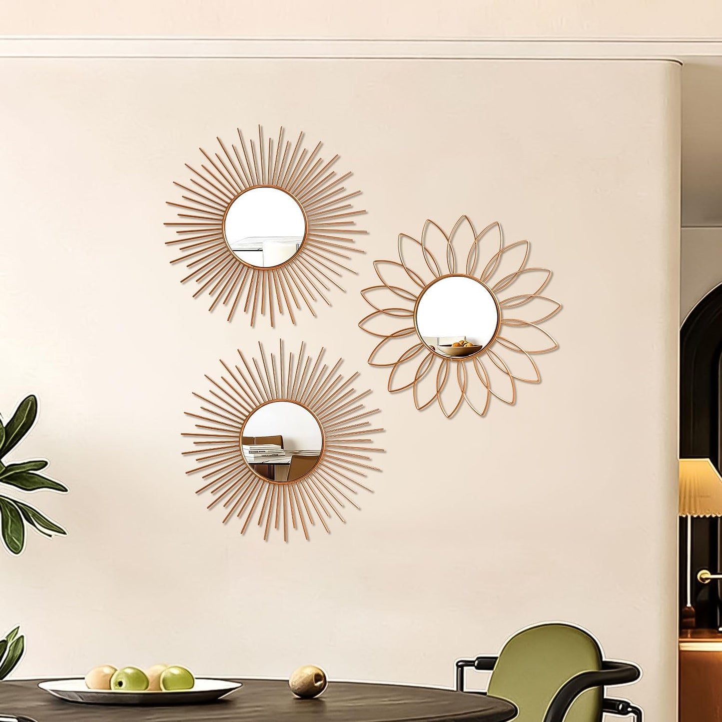 3 Pack Metal Mirrors for Wall Sunburst Wall Mirrors Home Décor Decorative Hanging Wall Art for Living Room Bedroom Entryway (Gold, Flower+Sunburst)