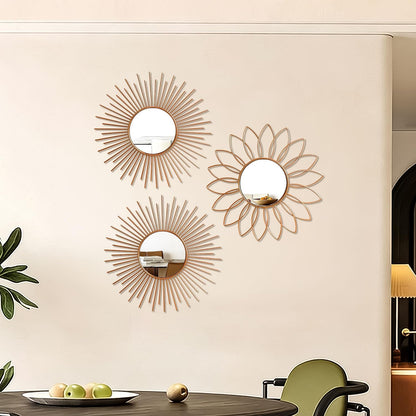 3 Pack Metal Mirrors for Wall Sunburst Wall Mirrors Home Décor Decorative Hanging Wall Art for Living Room Bedroom Entryway (Gold, Flower+Sunburst)
