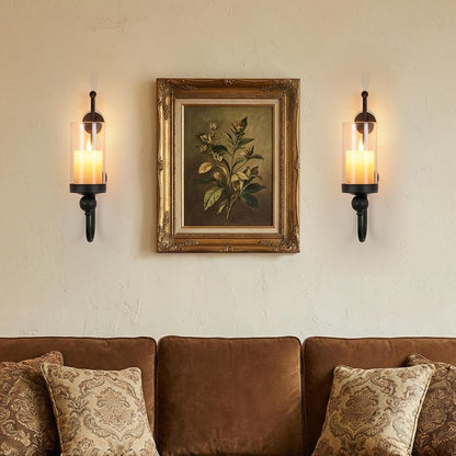 Sziqiqi Wall Candle Sconces Black: Wall Candle Holder Set of 2 for Pillars with Hurricane Glass - Wall-Mounted Metal Candleholder for Living Room Bathroom Bedroom