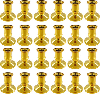 Waziaqoc 24Pcs Gold Taper Candle Holders, Plastic Candlestick Holders Only for Flameless LED Candle Decorative Pillar Candle Holder for Christmas Wedding Anniversary Dinner Party