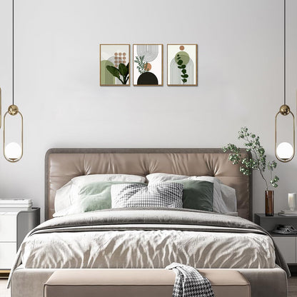 Bwodke Boho Wall Art, Framed Abstract Wall Art, Green Botanical Neutral Canvas Wall Decor, Large Mid Century Plant Pictures Set of 3, Modern Minimalist Paintings, for Bedroom Living Room Bathroom