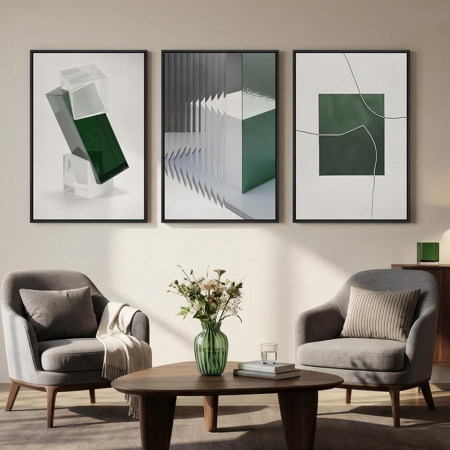 Large Framed Abstract Nature Landscape Wall Art for Living Room, Set of 3 Modern Canvas Prints Paintings Artwork for Walls, Green Lake Pictures for Hallway, Dining Room, Office Wall Decor 24x36 Inch