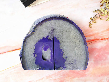 JIC Gem Dyed Blue Agate Bookends Geode Decorative Book Ends for Heavy Books with Rubber Bumpers for Office and Home Decoration Polished Small Size 2 to 3 Lbs