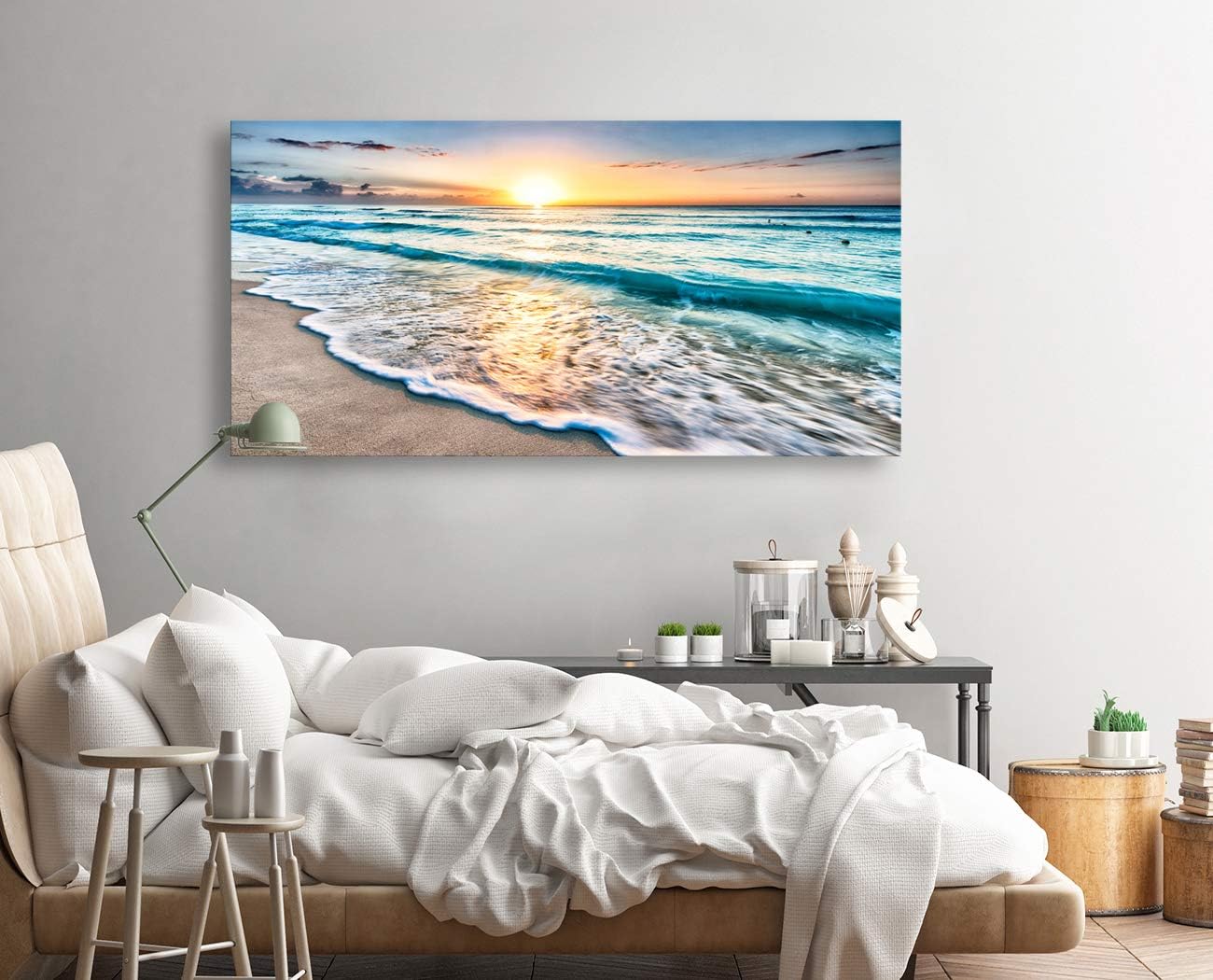 Baisuart S02250 Canvas Prints Wall Art Beach Sunset Ocean Waves Nature Pictures Stretched Canvas Wooden Framed for living Room Bedroom and Office