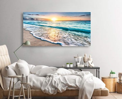 Baisuart S02250 Canvas Prints Wall Art Beach Sunset Ocean Waves Nature Pictures Stretched Canvas Wooden Framed for living Room Bedroom and Office