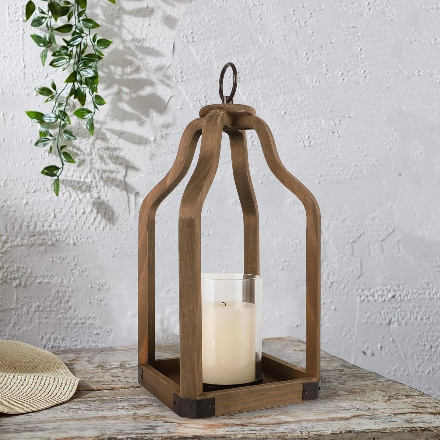 Rustic Wood Lantern Candle Holder for Farmhouse Decor - Indoor and Outdoor Table Centerpiece with Glass Hurricane, 13" High