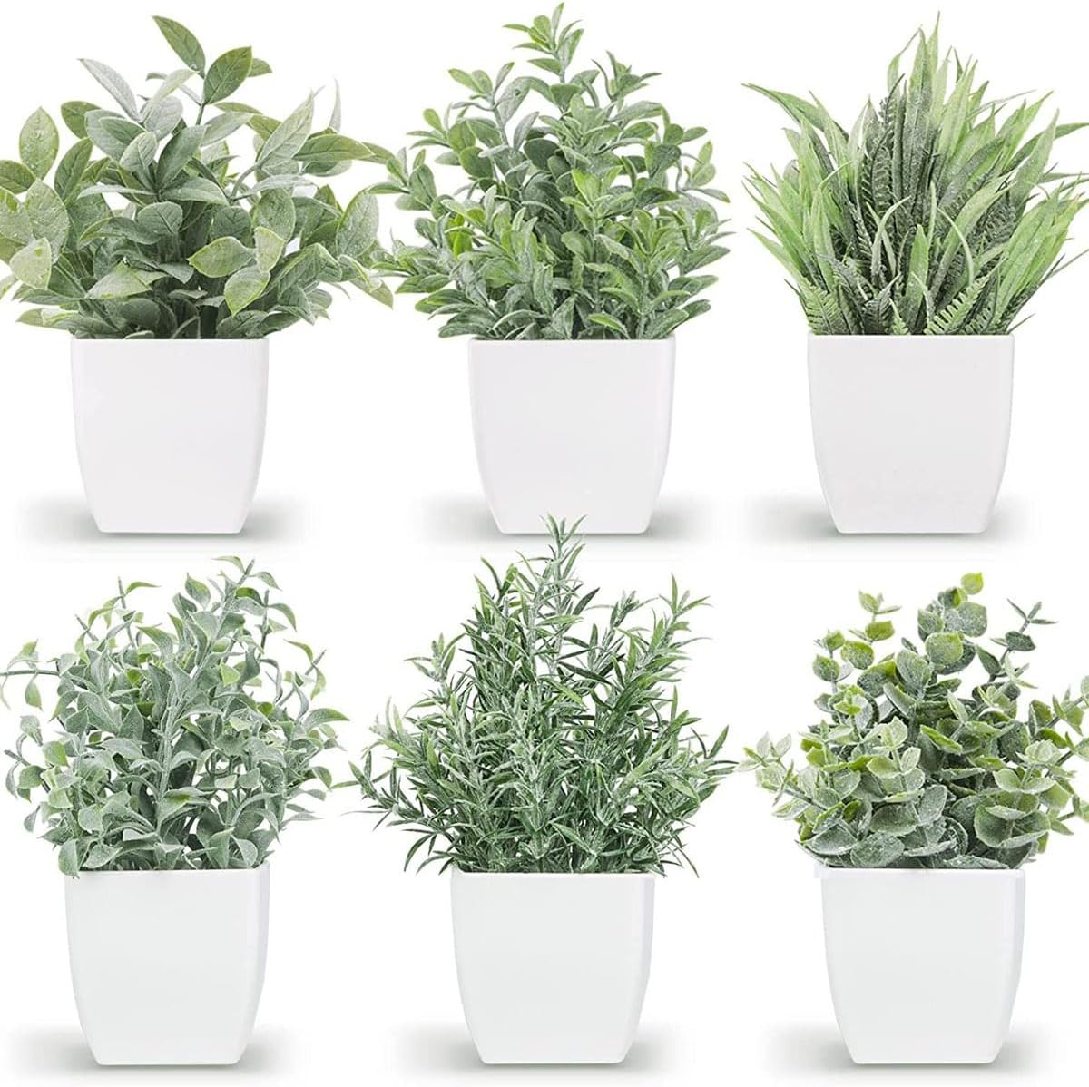 6 Pots Small Fake Plants Mini Artificial Potted Plants Eucalyptus Spring Grass Magnolia Bean Leaf and Rosemary Faux Plants for Table Desk Home Bathroom Office Farmhouse Decor, Grey