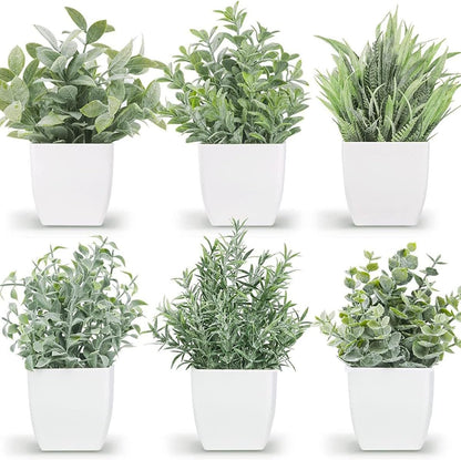 6 Pots Small Fake Plants Mini Artificial Potted Plants Eucalyptus Spring Grass Magnolia Bean Leaf and Rosemary Faux Plants for Table Desk Home Bathroom Office Farmhouse Decor, Grey
