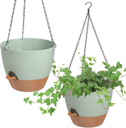 Vanslogreen Hanging Planters for Indoor Outdoor Plants, 2 Pack Self Watering Hanging Pot with Drainage Holes & Removable Tray (Black, 8'')