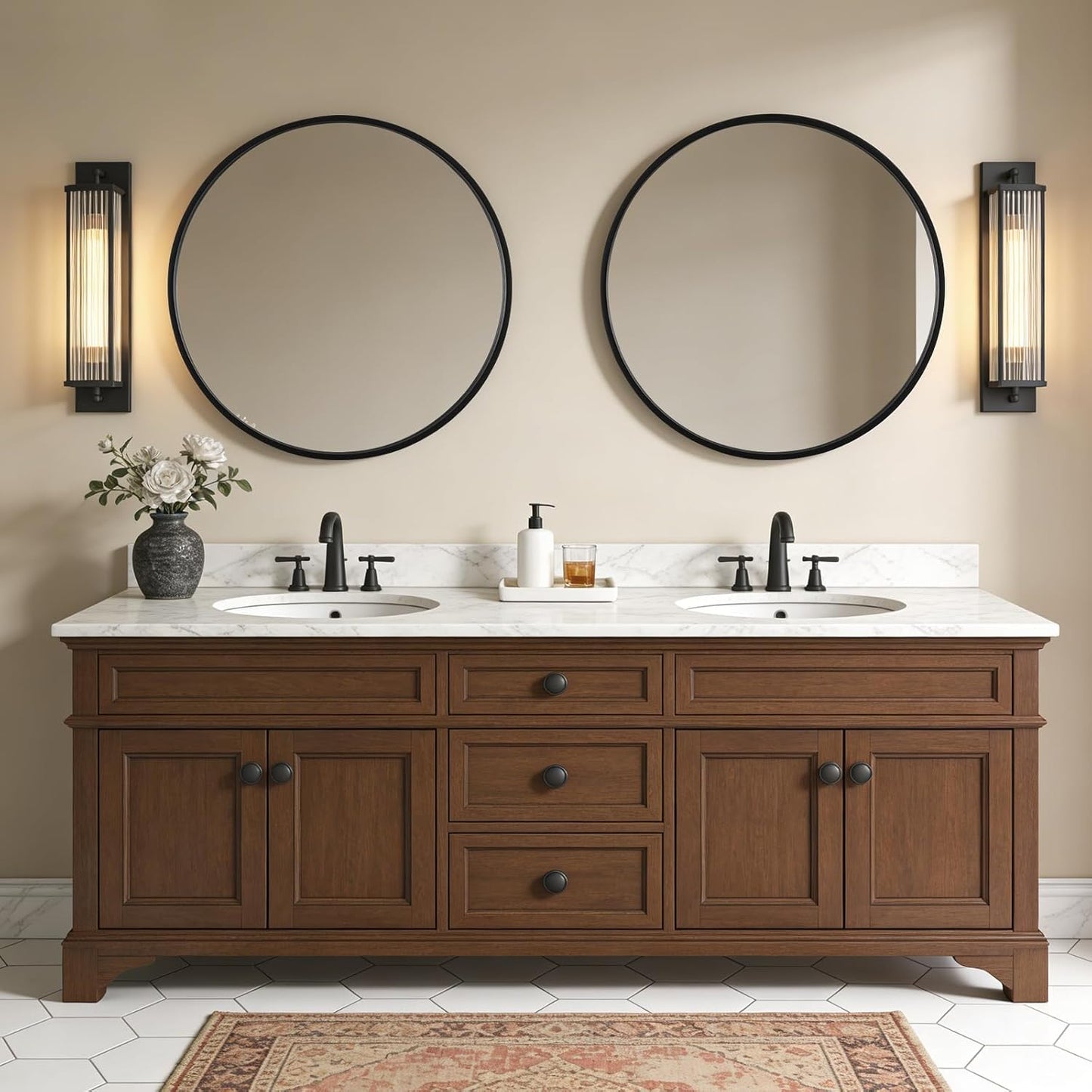 WallBeyond Wood Round Mirror with Wood Frame 24 inch Circle Wall Mirror for Bathroom Round Wall Mirror for Wall Decor, Vanity, Entryway Living Room (Walnut)