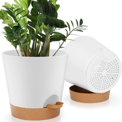 YNNICO Indoor Self Watering Planters with Drainage Holes and Saucers, 8, 7, 6.5, 6, 5.5, 5 Inches, Black, 6 Pots