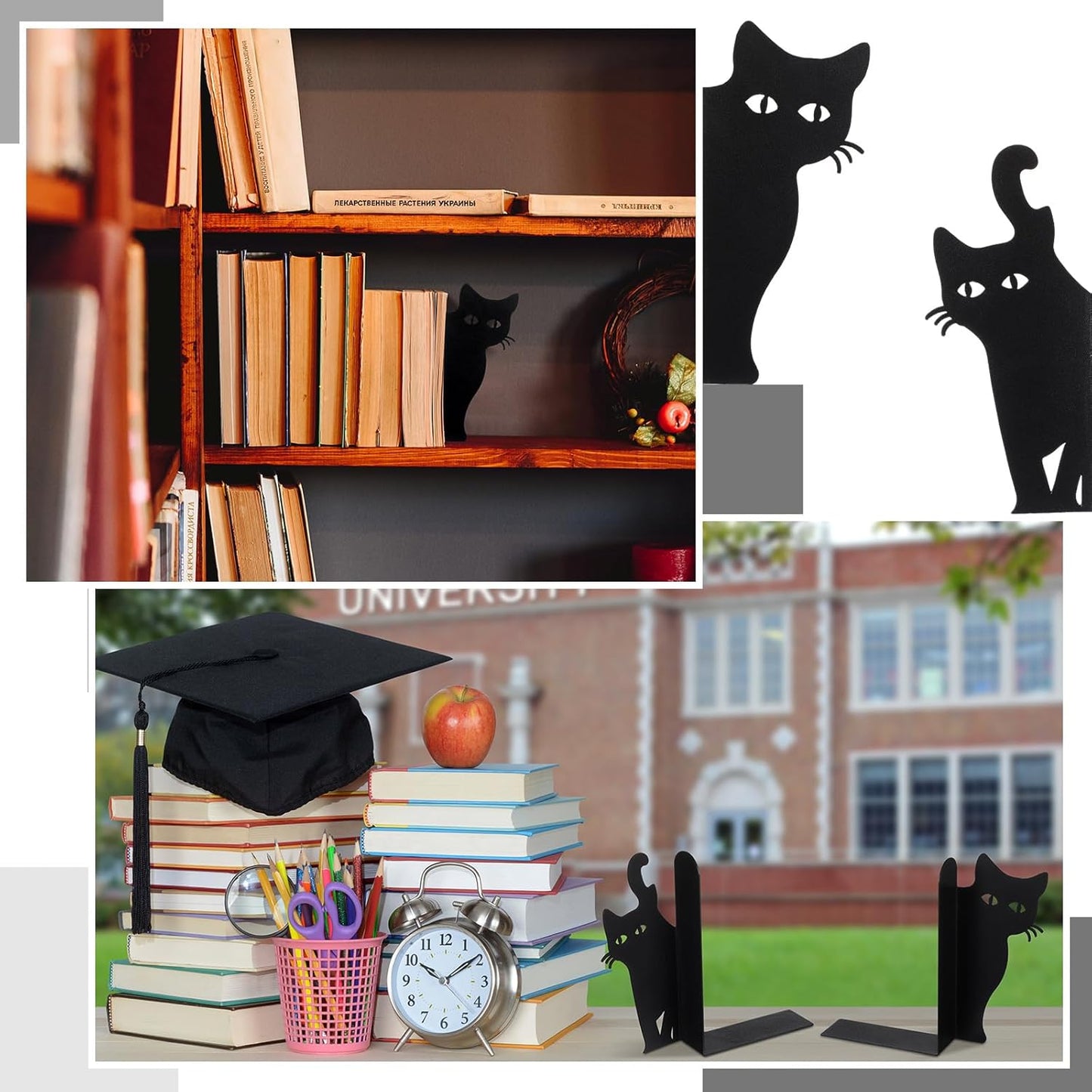 Geelin Peeping Cat Metal Bookends Set of 2 Cute Book Ends for Shelves Decorative Bookshelf Home Office Desk Bookshelf Decor Gift for Cat Lovers and Reading Enthusiasts