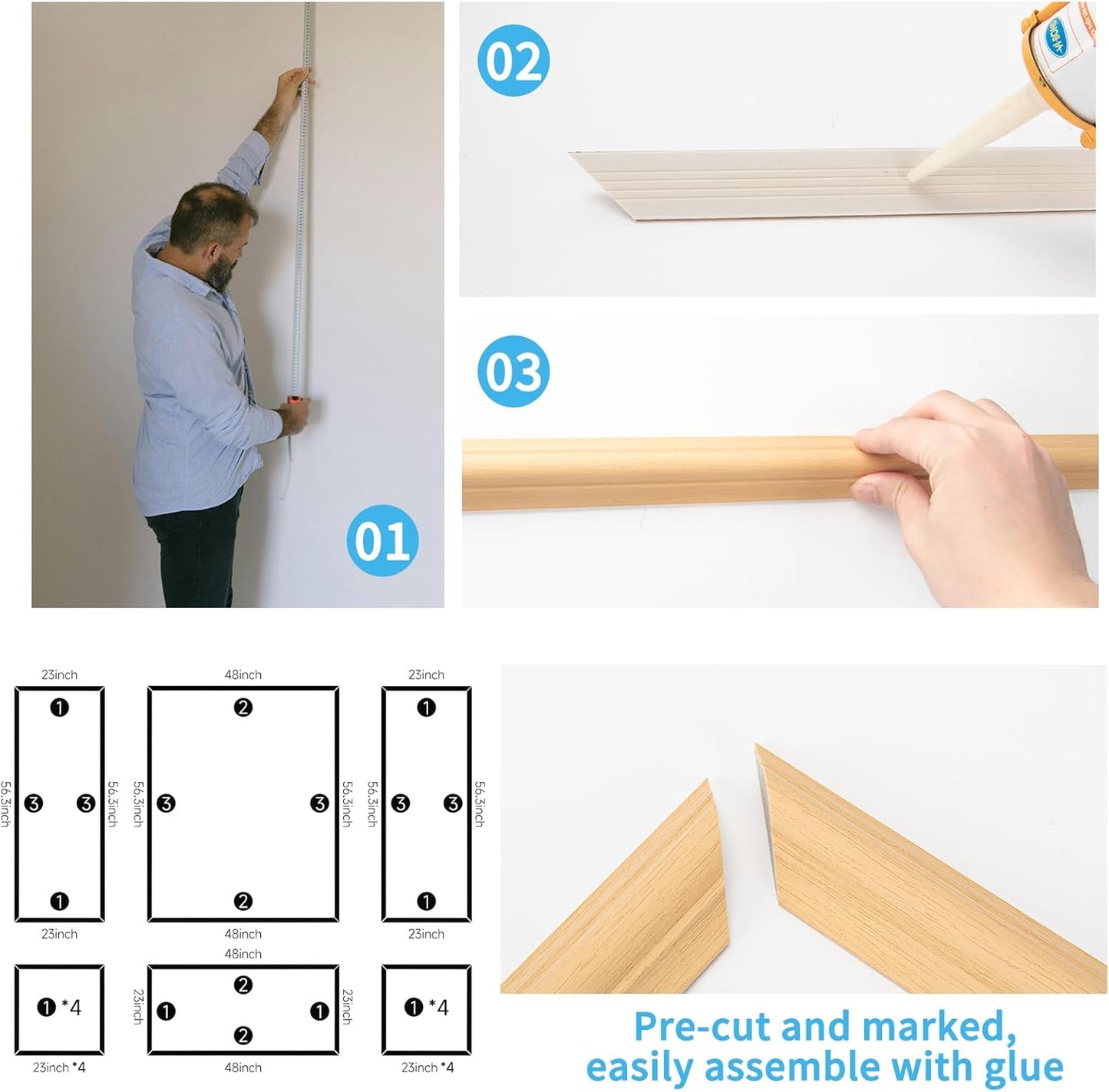 Art3d Pre-Cut Wall Molding Set of 6 pcs, Ready-to-Assemble Wainscoting Panels for Interior Wall Décor Living Room Bedroom Accent Wall - Installed with Glue, 3 Top 3 Bottom