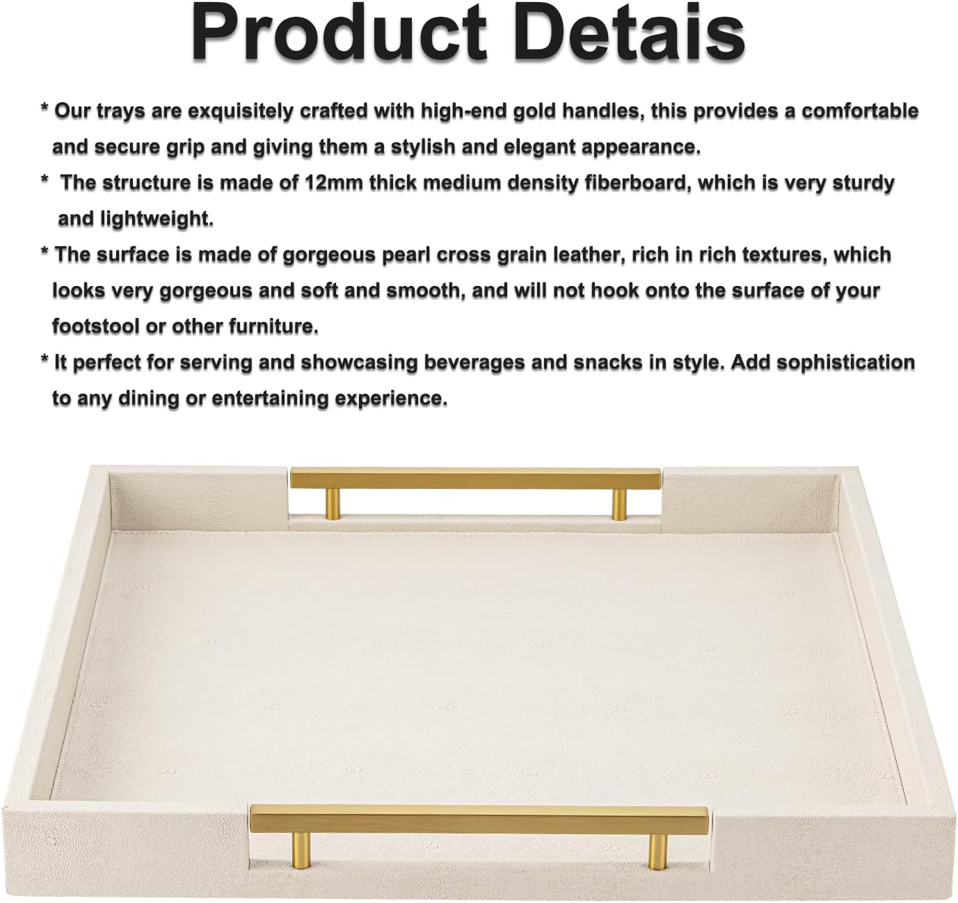 Beige Faux Leather Serving Tray with Handles – Large Decorative Tray for Coffee Table, Ottoman, Living Room, Bathroom – Home Decor
