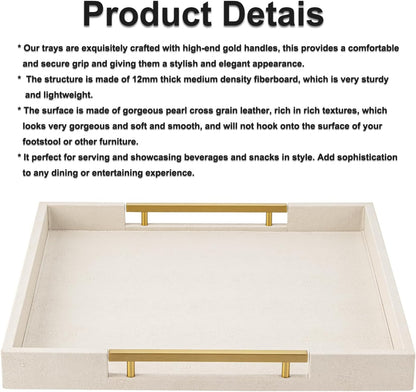 Beige Faux Leather Serving Tray with Handles – Large Decorative Tray for Coffee Table, Ottoman, Living Room, Bathroom – Home Decor