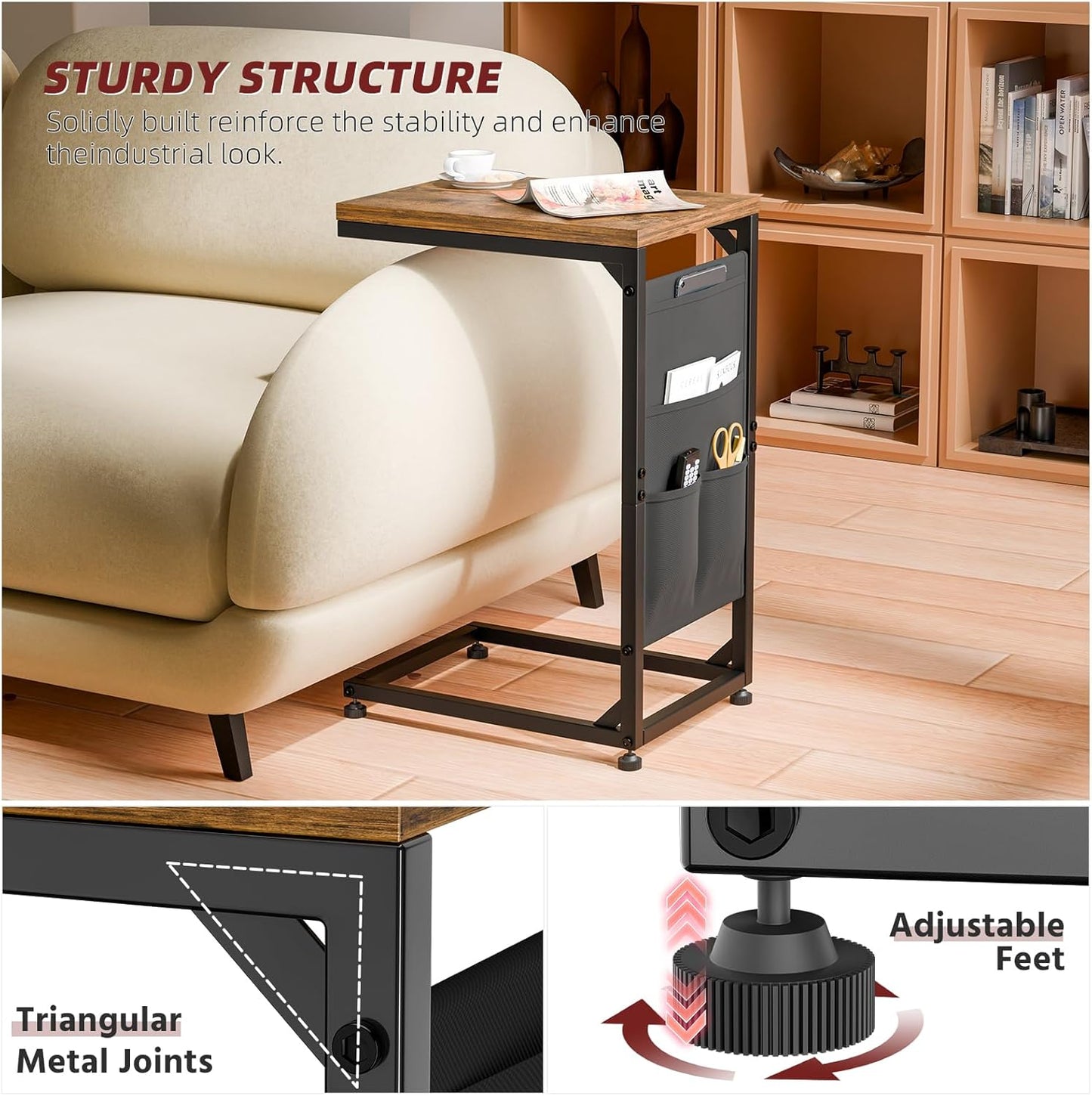 Simple Trending C Shaped End Table, TV Tray for Couch, Small Side Table with Metal Frame, for Living Room Bedroom, Rustic Brown
