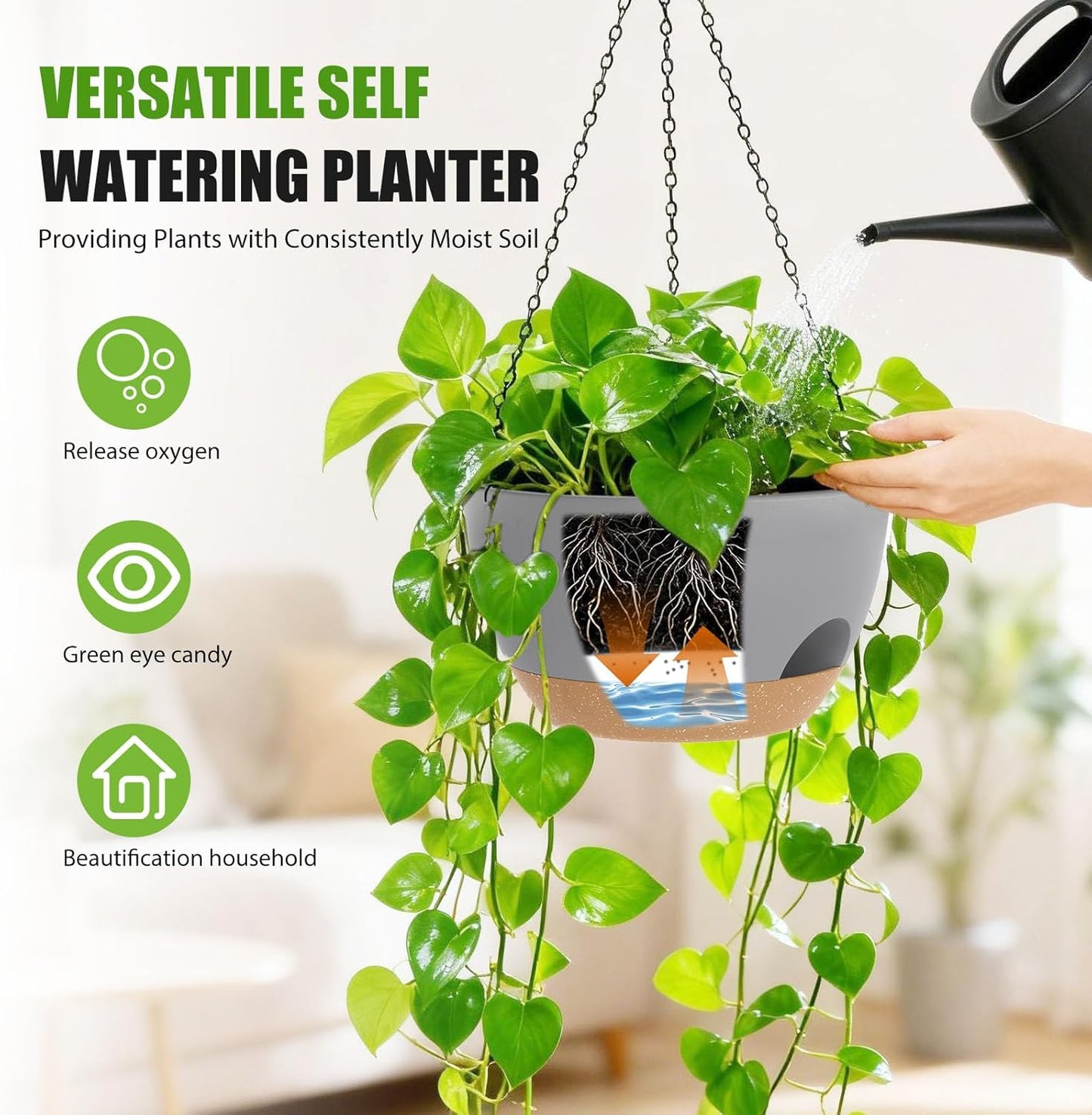 8 Inch Hanging Planters for Indoor Outdoor Plants, 4 Pack Black Plastic Self Watering Hanging Baskets with Drainage Holes and Chain for Garden Porch