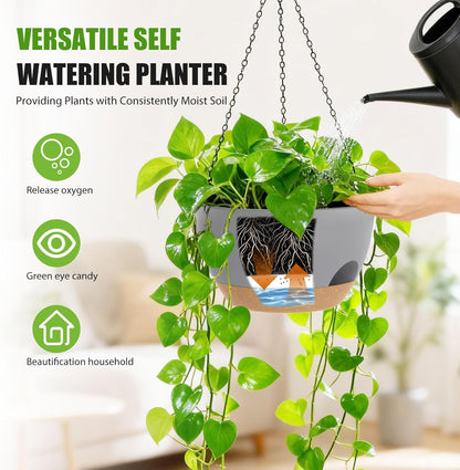 8 Inch Hanging Planters for Indoor Outdoor Plants, 4 Pack Black Plastic Self Watering Hanging Baskets with Drainage Holes and Chain for Garden Porch