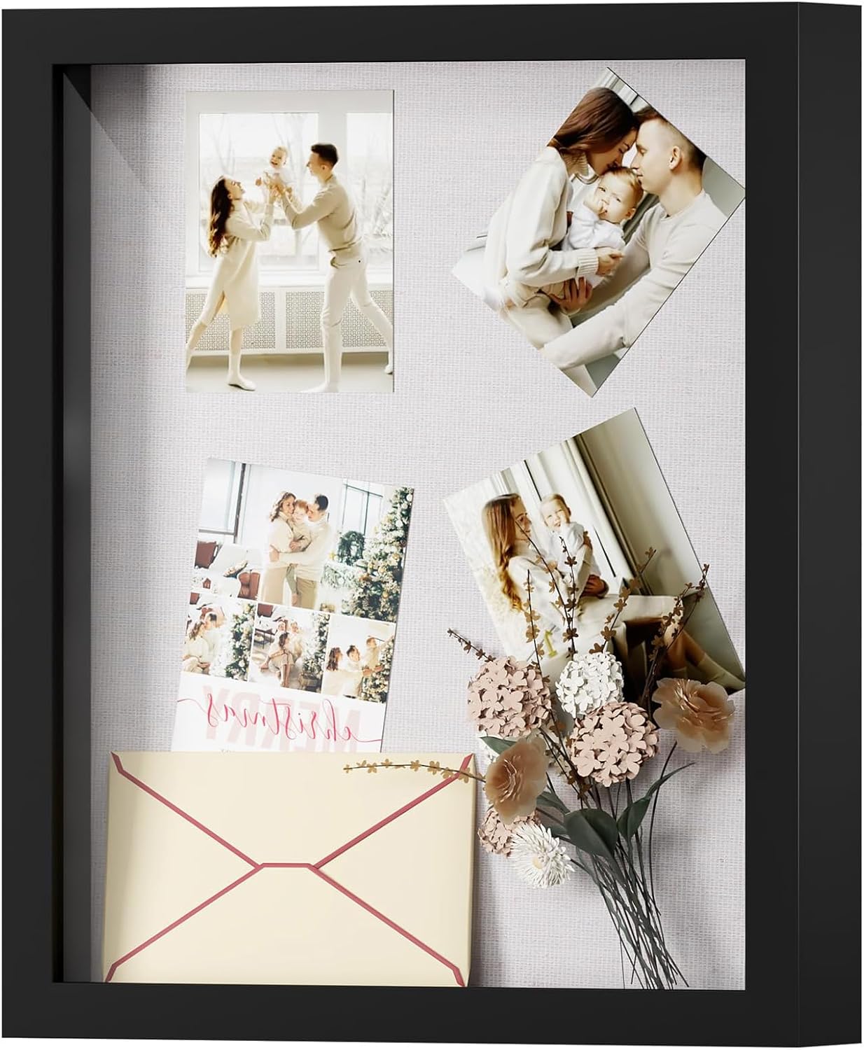 Muzilife 8x8 Shadow Box Picture Frame with Linen Board - Deep Wood & Glass Display Case Ready to Hang Memory Box Baby Sports Memorabilia, Pins, Awards, Medals, Wedding, Tickets and Photos (Black)