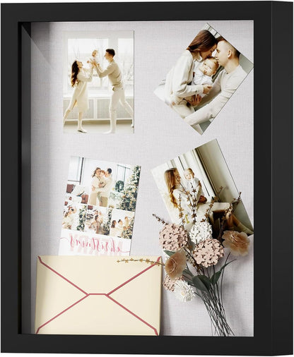 Muzilife 8x8 Shadow Box Picture Frame with Linen Board - Deep Wood & Glass Display Case Ready to Hang Memory Box Baby Sports Memorabilia, Pins, Awards, Medals, Wedding, Tickets and Photos (Black)