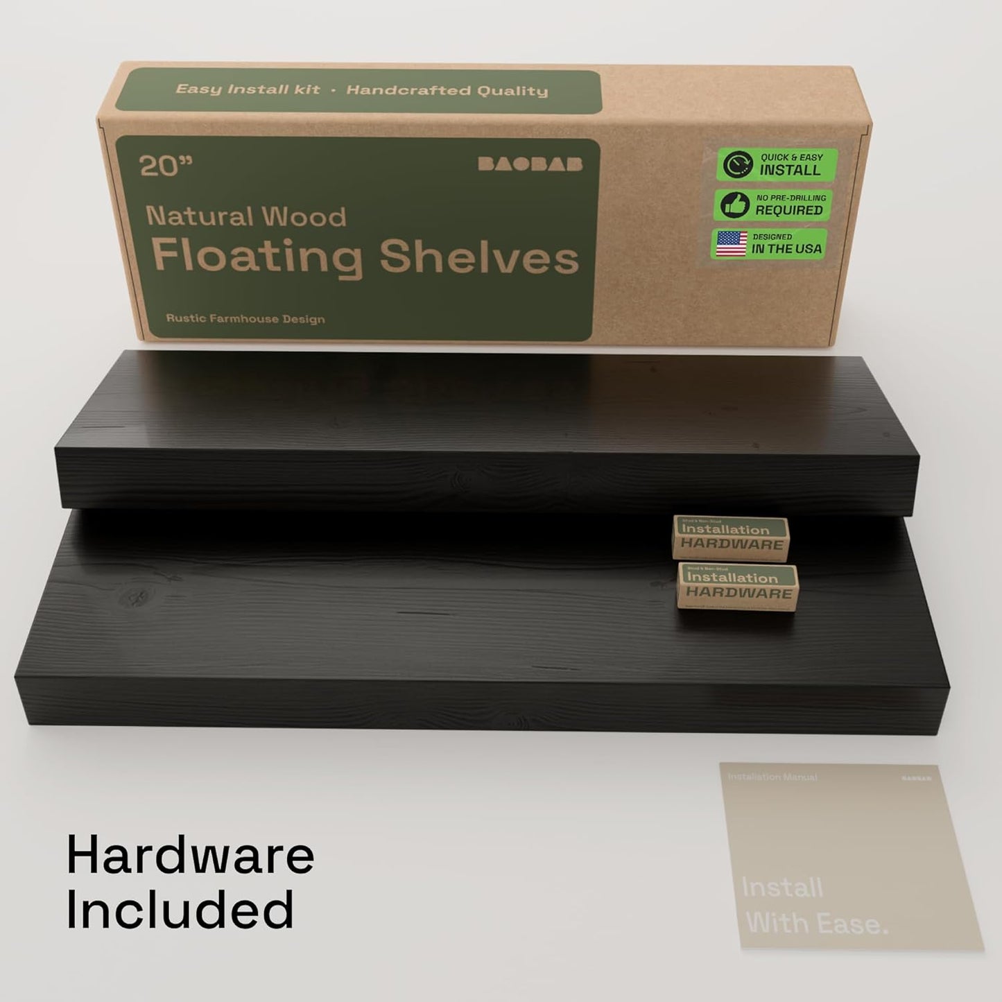BAOBAB WORKSHOP Wood Floating Shelves for Wall Mounted, 16 inch Walnut Floating Shelf for Bathroom, Solid Wooden Wall Shelves for Kitchen Bedroom Farmhouse, Walnut Finish, 16 x 6.7, Set of 2