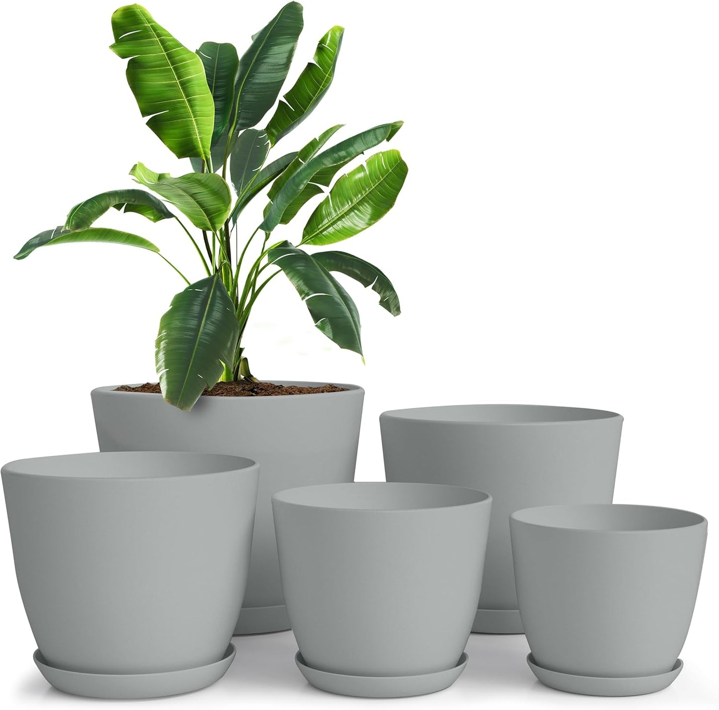 Utopia Home Plant Pots Indoor with Drainage Holes – Set of 5 White Plastic Flower Pots (7/6.6/6/5.3/4.8 Inch) – Modern Planters for Indoor Plants, Room & Office Décor, Great Stocking Stuffers