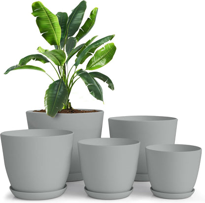 Utopia Home Plant Pots Indoor with Drainage Holes – Set of 5 White Plastic Flower Pots (7/6.6/6/5.3/4.8 Inch) – Modern Planters for Indoor Plants, Room & Office Décor, Great Stocking Stuffers