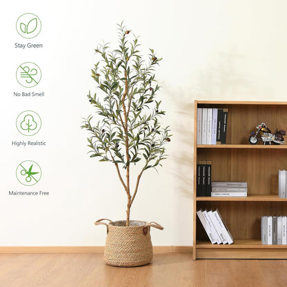Kazeila Artificial Olive Tree 6FT Tall Faux Silk Plant for Home Office Decor Indoor Fake Potted Tree with Wood Branches and Fruits