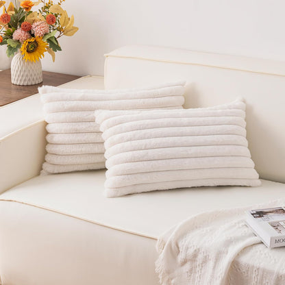 Aegero Pack of 2 Faux Fur Christmas Throw Pillow Covers 18x18 Inch, Soft Plush Striped Neutral Couch Pillow Cover, with Velvet Back Modern Home Decor for Sofa Living Room Couch Bed Cream White