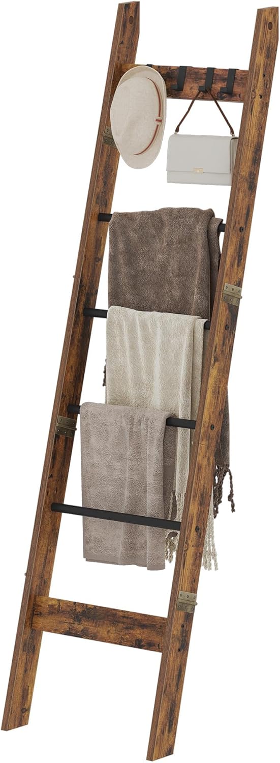 Hzuaneri Blanket Ladder for Living Room, Decorative Quilt Rack with 4 Removable Hooks, 5-Tier Farmhouse Ladder Holder Shelf Organizer for Bedroom, Rustic Brown and Black 02101BBR
