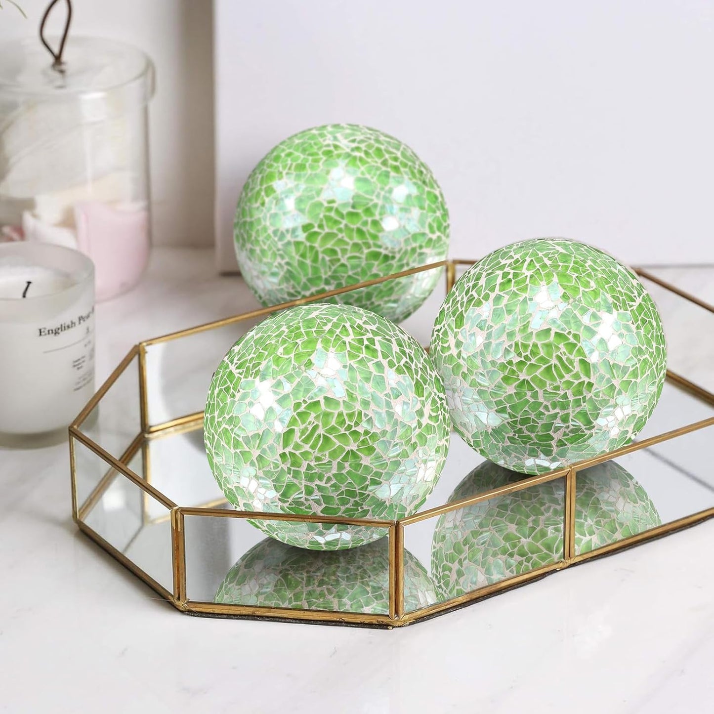 3Pcs Mosaic Glass Orbs Decorative Balls Set 8.5cm/3.35inch Blue Sphere Wedding Party Home Decor Table Centerpiece