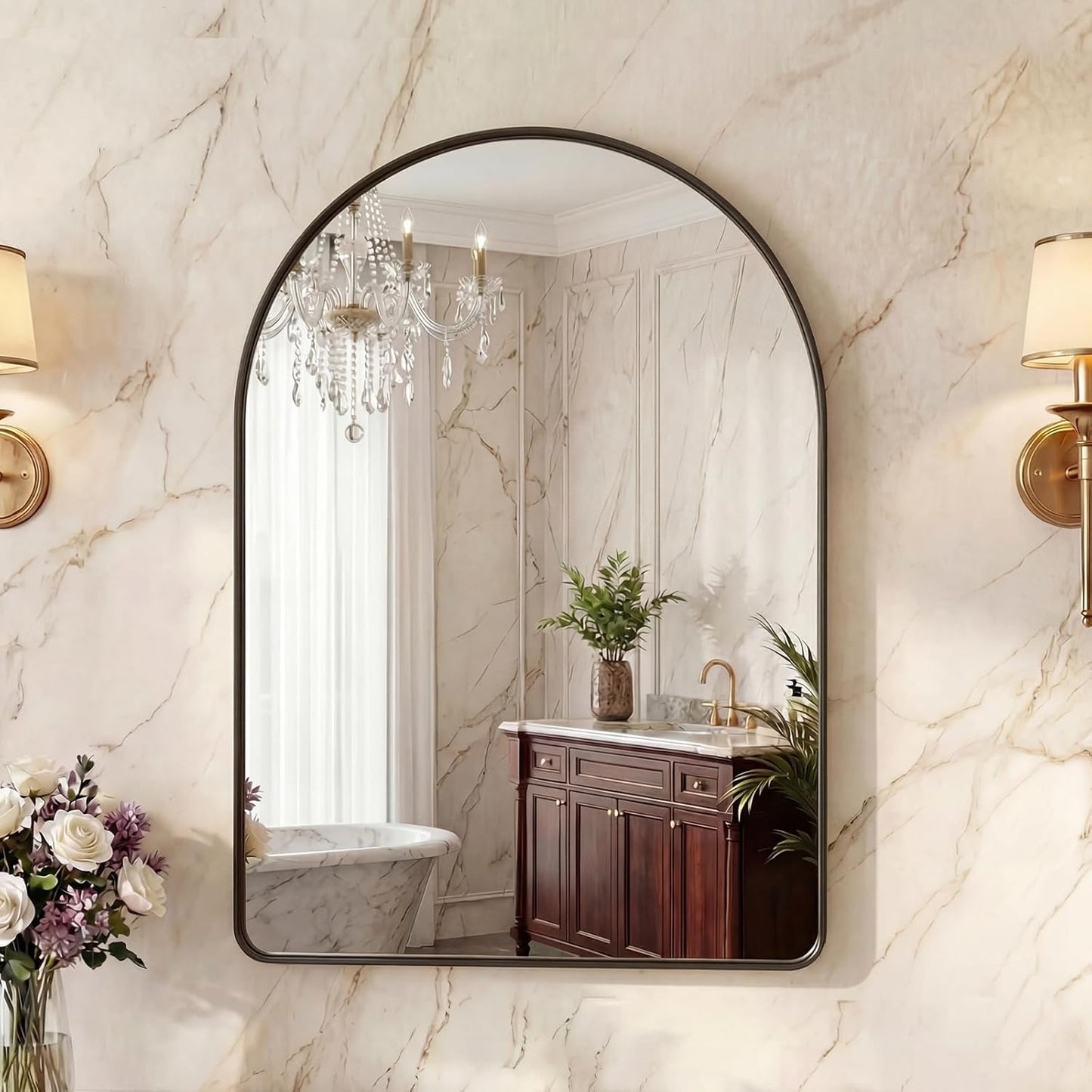 OLIXIS Arched Bathroom Mirror for Over Sink, 34x32 Inch Wall Mirror Arched Rounded Rectangle, Modern Wall Mount Vanity Mirror with Matte Metal Deep Framed, for Home Decor, Living Room, Black