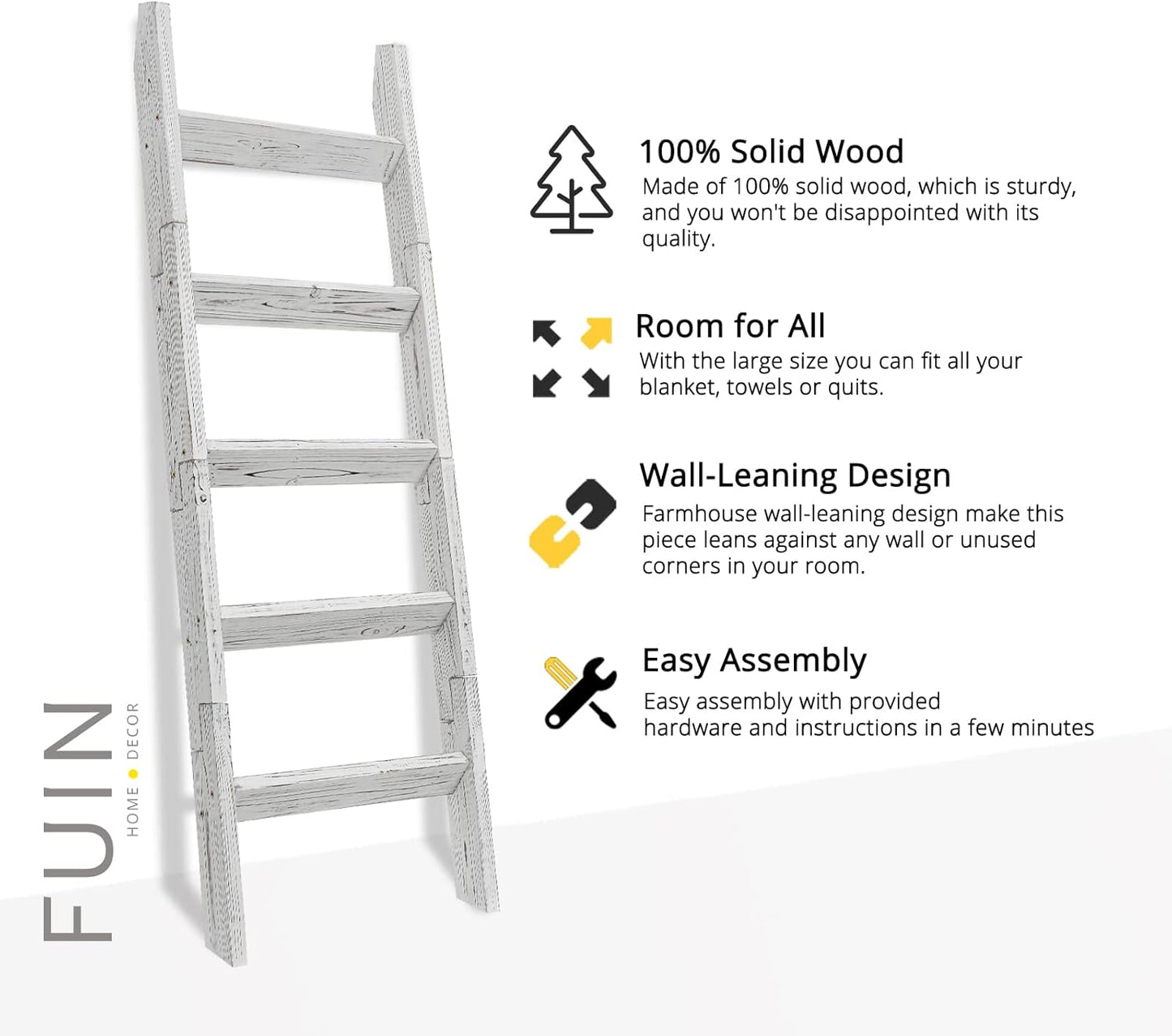 FUIN 5ft (58") Wood Blanket Ladder Living Room Decorative Wall Leaning Farmhouse Quilt Display Holder Storage Rustic Wooden Towel Rack for Bathroom, Brown