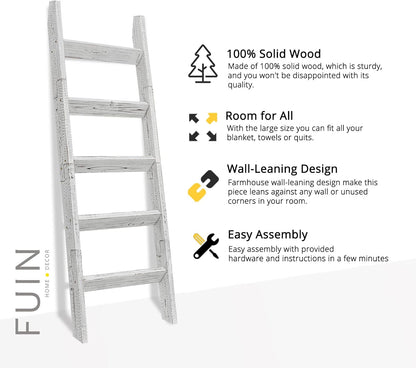 FUIN 5ft (58") Wood Blanket Ladder Living Room Decorative Wall Leaning Farmhouse Quilt Display Holder Storage Rustic Wooden Towel Rack for Bathroom, Brown